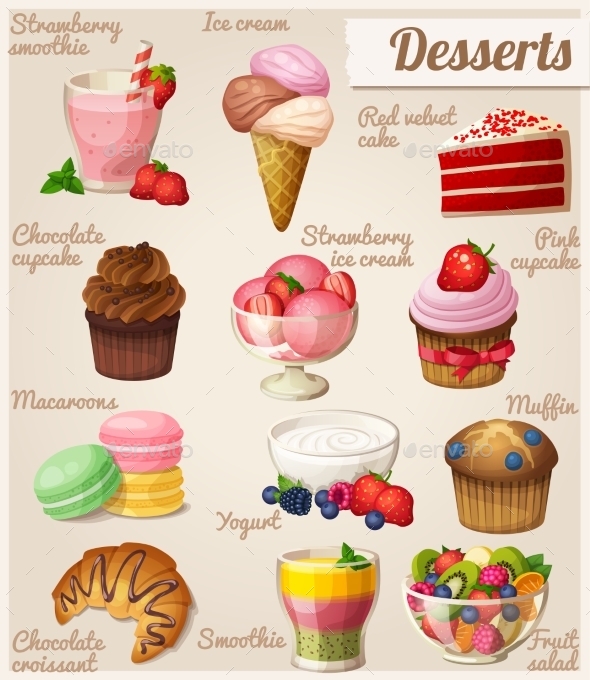 Set of Different Food Icons. Desserts. - Food Objects