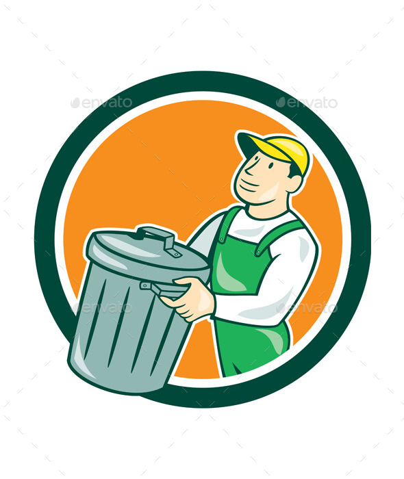 Garbage Collector Carrying Bin Circle Cartoon - People Characters