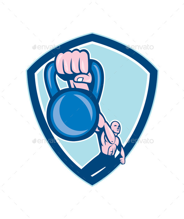 Weightlifter Lifting Kettlebell Shield Cartoon - Sports/Activity Conceptual