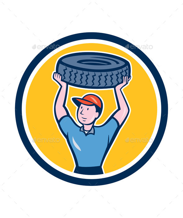 Tireman Mechanic With Tire Cartoon Circle - People Characters