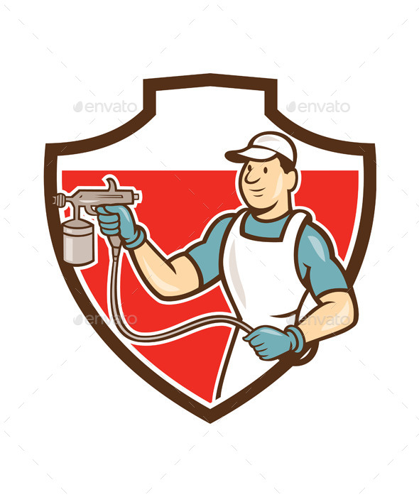 Painter Spray Gun Spraying Shield Cartoon - People Characters