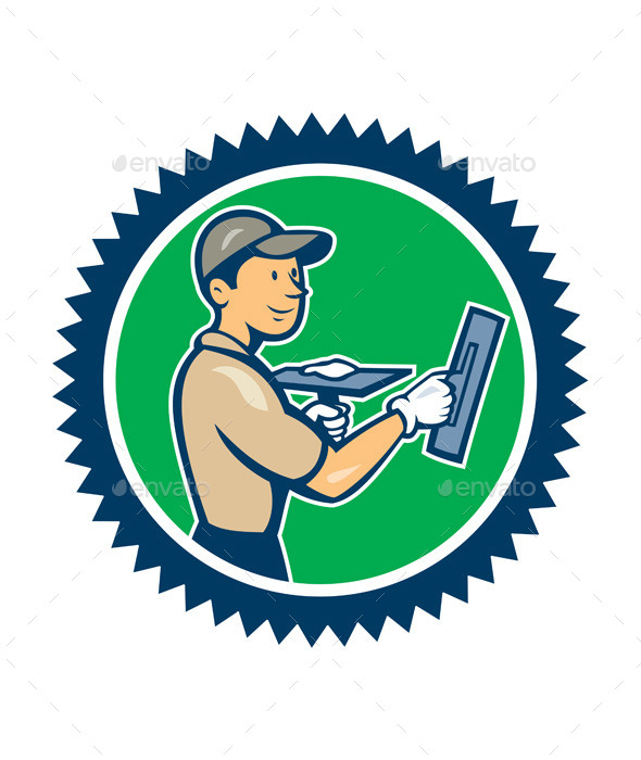 Plasterer Masonry Worker Rosette Cartoon - People Characters