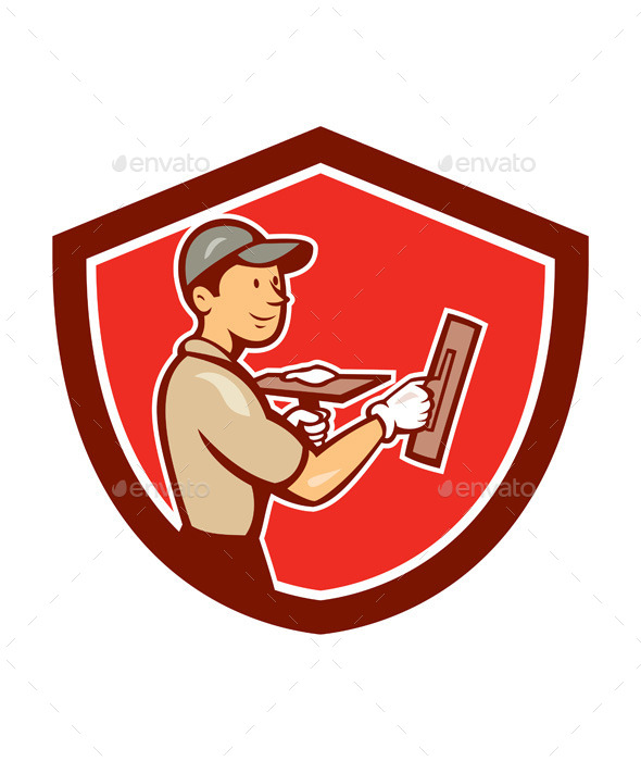 Plasterer Masonry Worker Shield Cartoon - People Characters