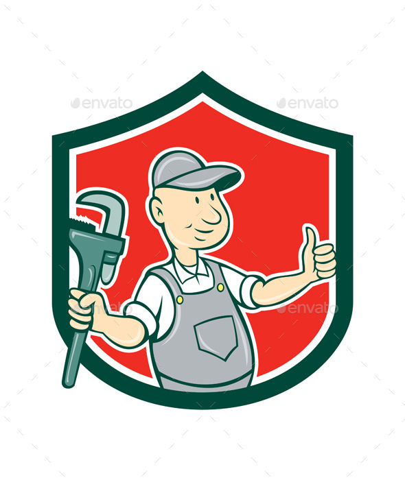 Plumber Monkey Wrench Thumbs Up Shield Cartoon - People Characters