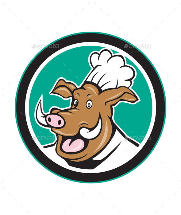 Wild Pig Boar Chef Cook Head Circle Cartoon - Animals Characters