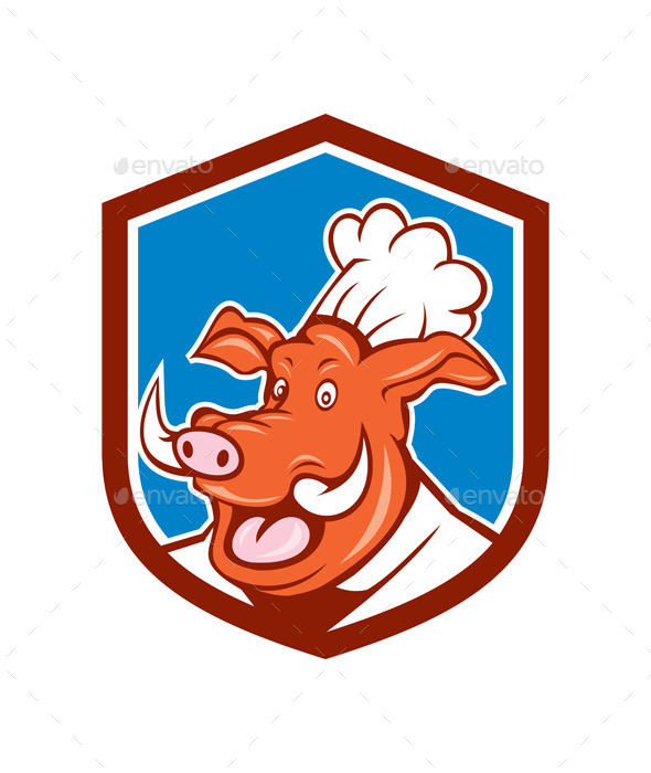 Wild Pig Boar Chef Cook Head Shield Cartoon - Animals Characters