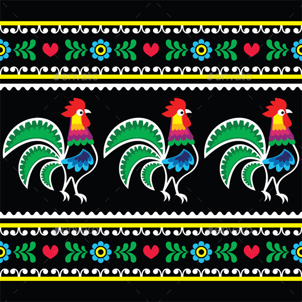 Polish Folk Art Pattern with Roosters on Black - Patterns Decorative