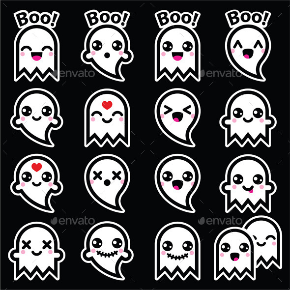 Kawaii Ghost for Halloween Icons on Black - Halloween Seasons/Holidays