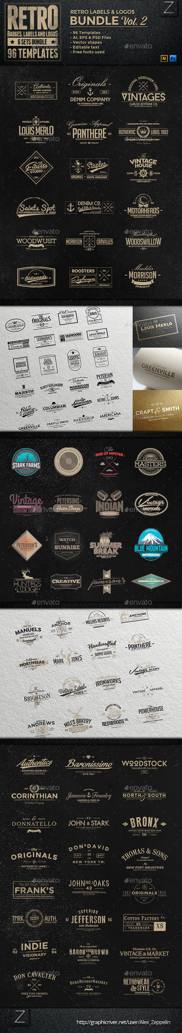96 Retro Vintage Badges & Labels Bundle Vol.2 - Badges & Stickers Web Elements