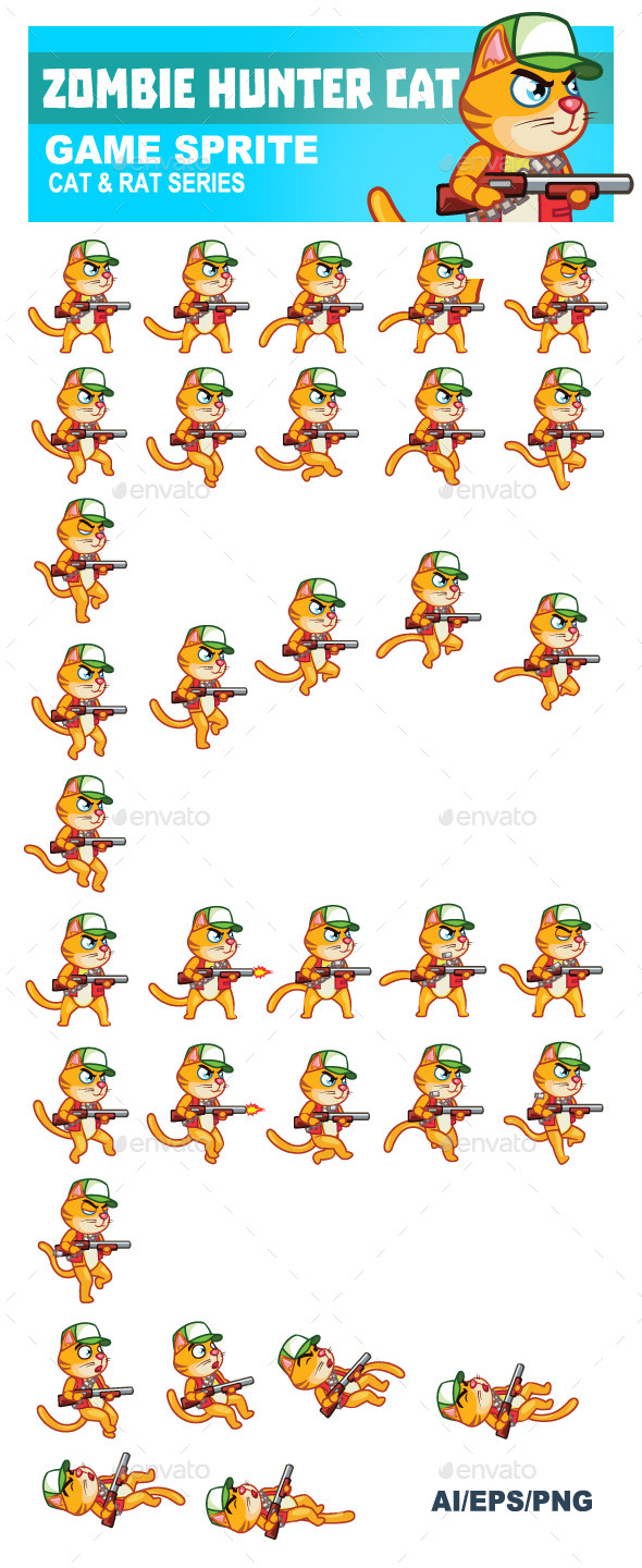 Zombie Hunter Cat Sprite - Sprites Game Assets