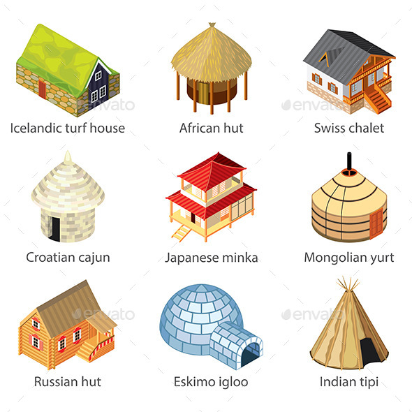 Houses of Different Nations Icons - Buildings Objects