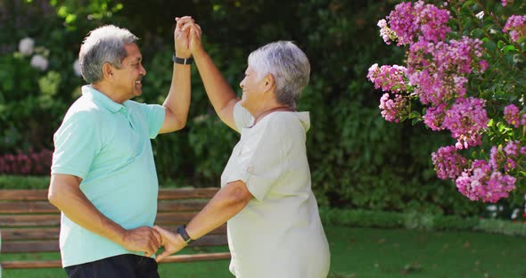 Video of happy biracial senior couple holding hands and dancing in garden alt