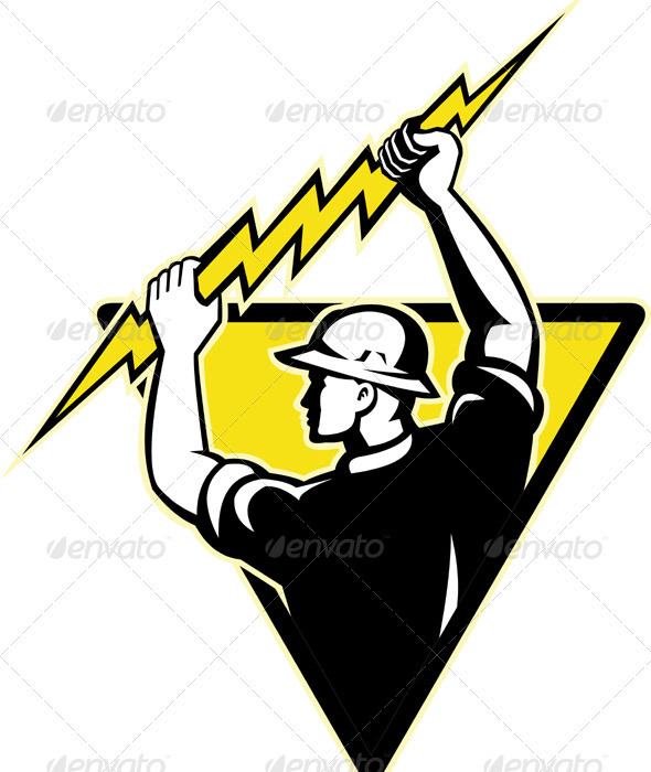 Electrician Power Lineman Holding Lighting Bolt - Industries Business