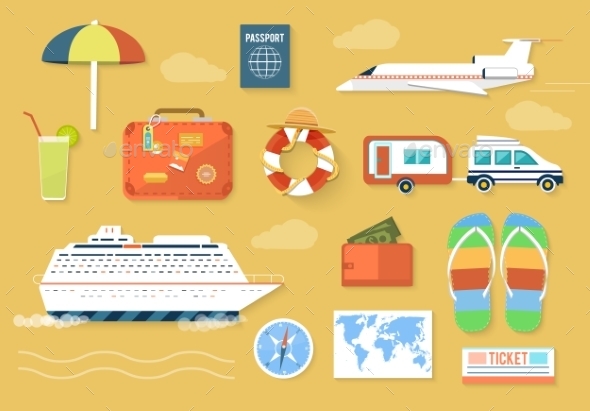Set of Traveling and Planning a Summer Vacation - Travel Conceptual