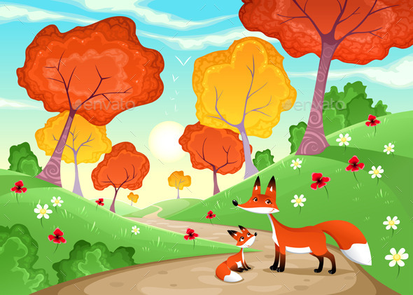 Landscape with Family of Foxes - Animals Characters