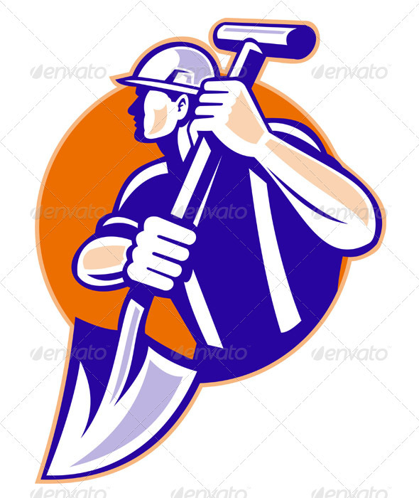 Construction Worker With Spade Retro Style - Industries Business