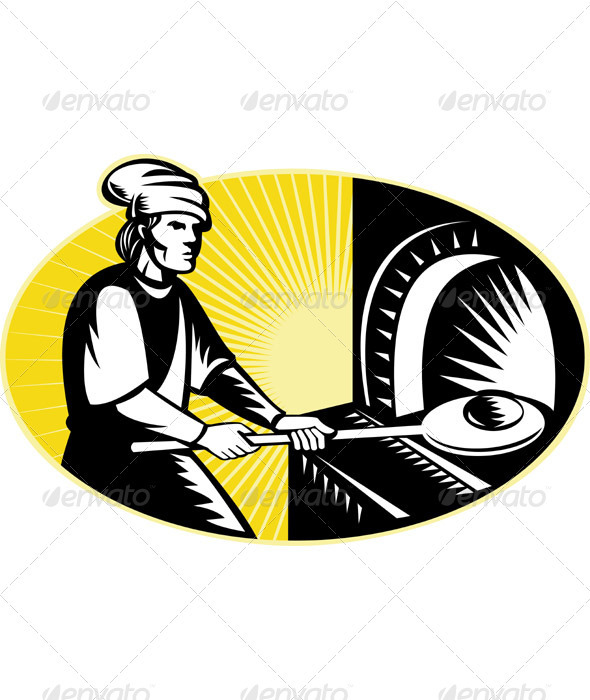 Medieval Baker Baking Bread In Wood Fire Oven