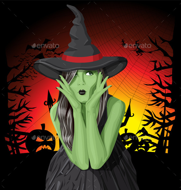 Green Witch Woman with Hat on Halloween - Halloween Seasons/Holidays