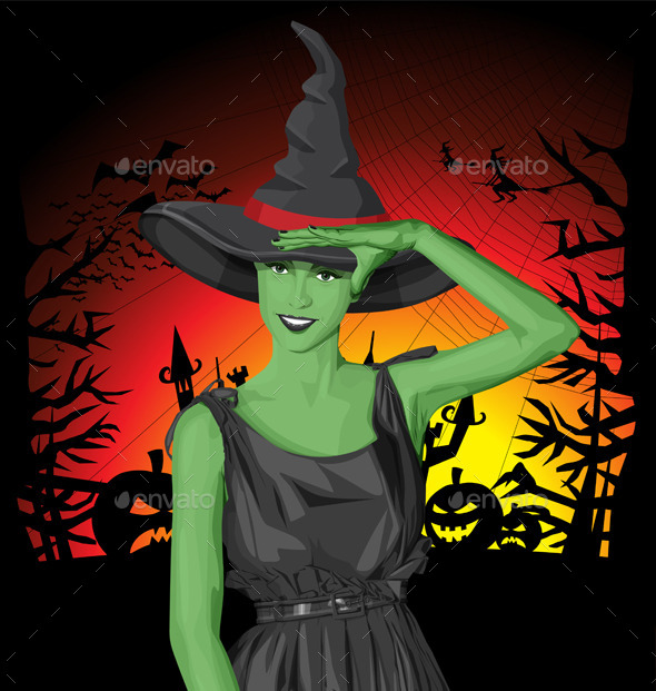 Green Witch Woman with Hat on Halloween - Halloween Seasons/Holidays