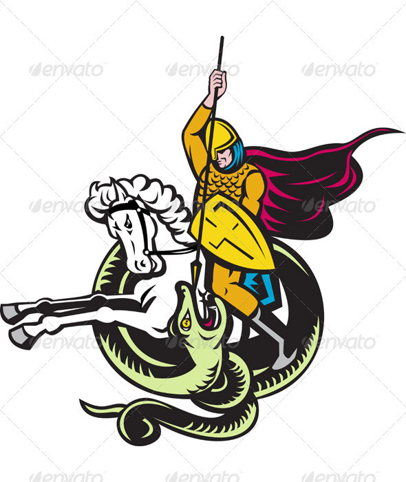 Knight Riding Horse Fighting Dragon Snake
