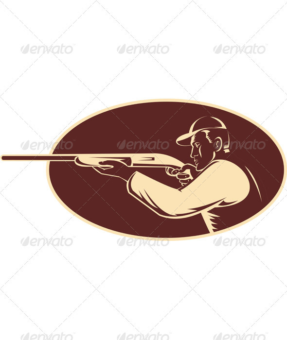 Hunter Rifle Aiming Shotgun Side Woodcut - Sports/Activity Conceptual
