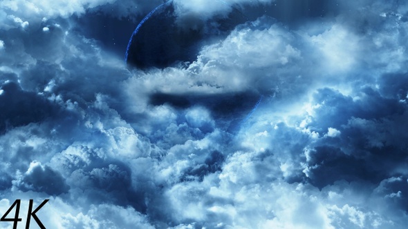 Abstract Blue and White Clouds with Mysterious Planet on Background