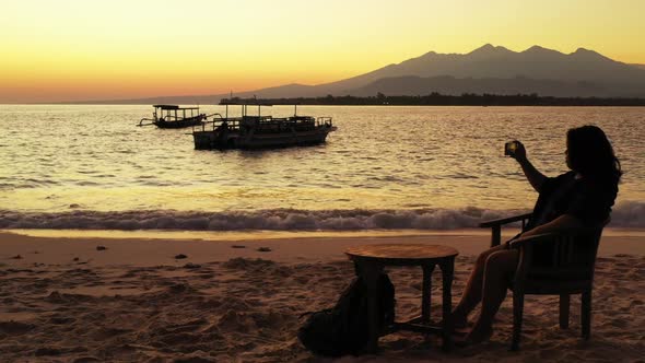 One girl posing on marine bay beach lifestyle by blue ocean with white sandy background of the Maldi alt