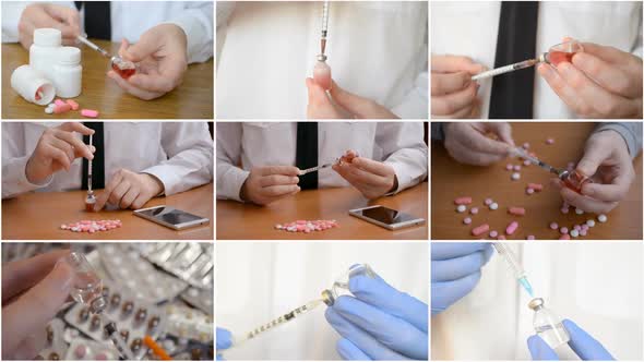 Collage of Nine Videos with Injection of Insulin Vaccine Drug alt
