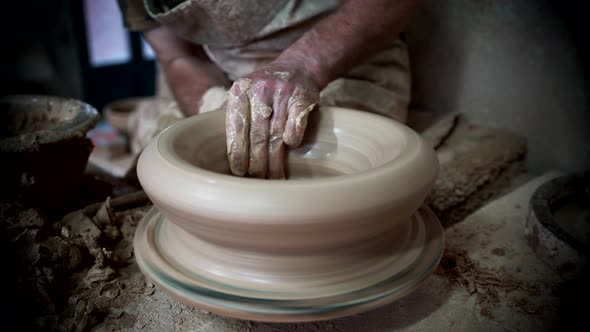 Potter Working in Traditional Pottery, Closeup View