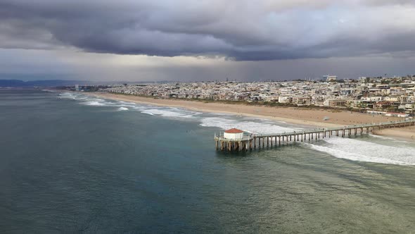 Drone sunset view of Manhattan Beach, California.  Cloudy skies. Panning alt