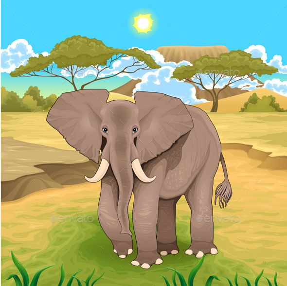African Landscape with Elephant - Animals Characters