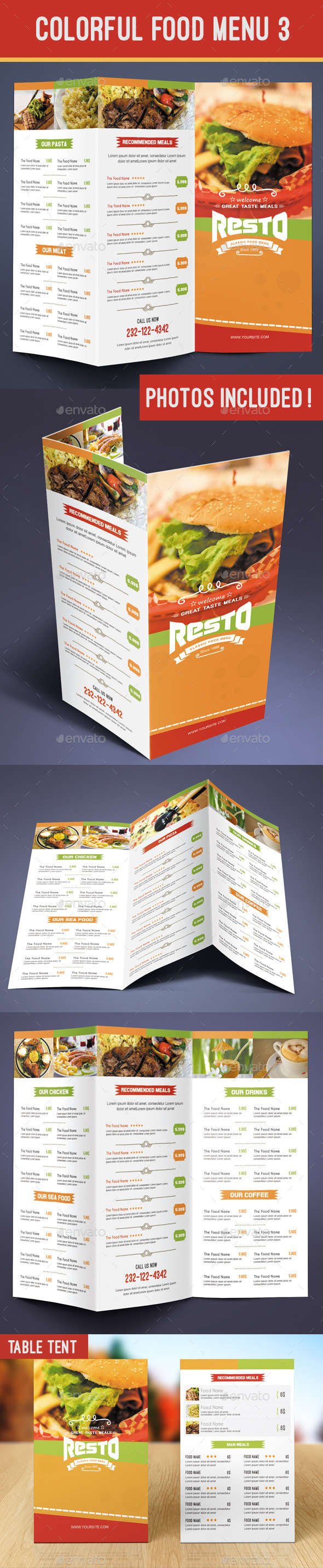Colorful Food Menu 3 - table tent - Food Menus Print Templates