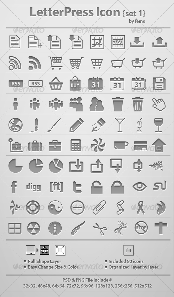 Letterpress Icon {Set 1} - Web Icons
