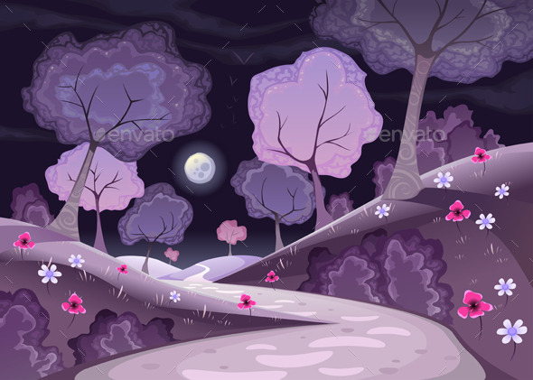 Landscape with Trees and Path in the Night - Landscapes Nature