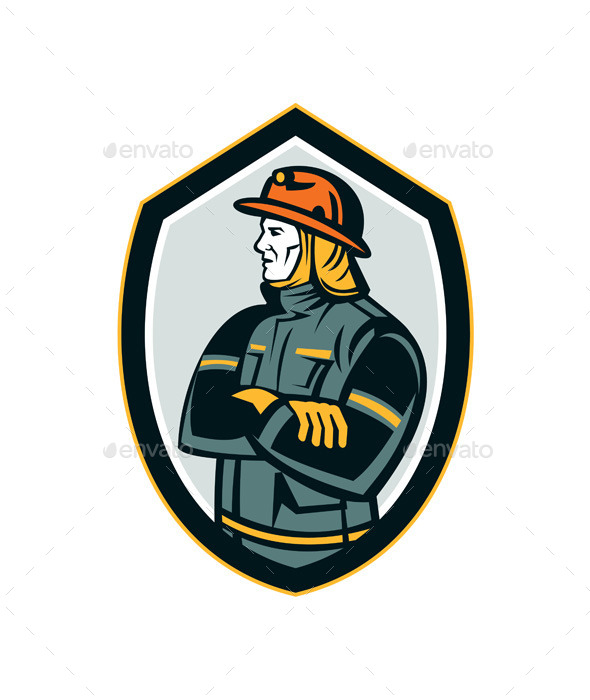 Fireman Firefighter Arms Folded Shield Retro - People Characters