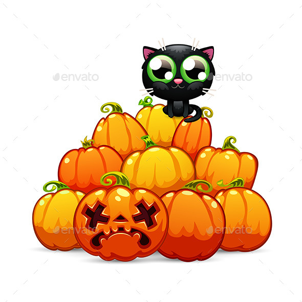 Heap of Halloween Pumpkins with a Black Cat - Halloween Seasons/Holidays
