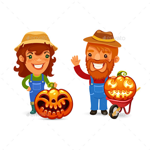 Farmers with Halloween Pumpkins - People Characters