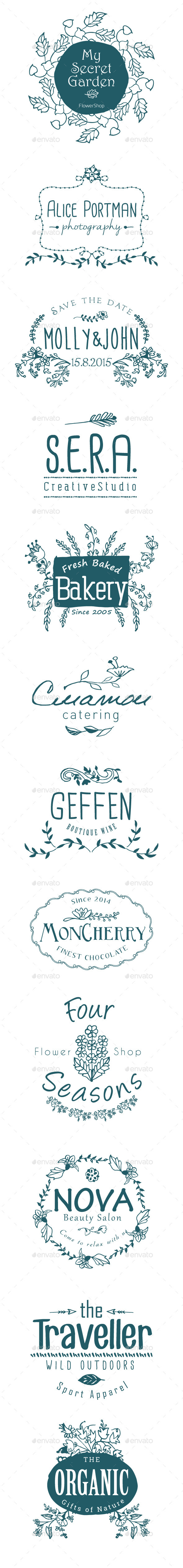 12 Hand Drawn Floral Labels - Badges & Stickers Web Elements