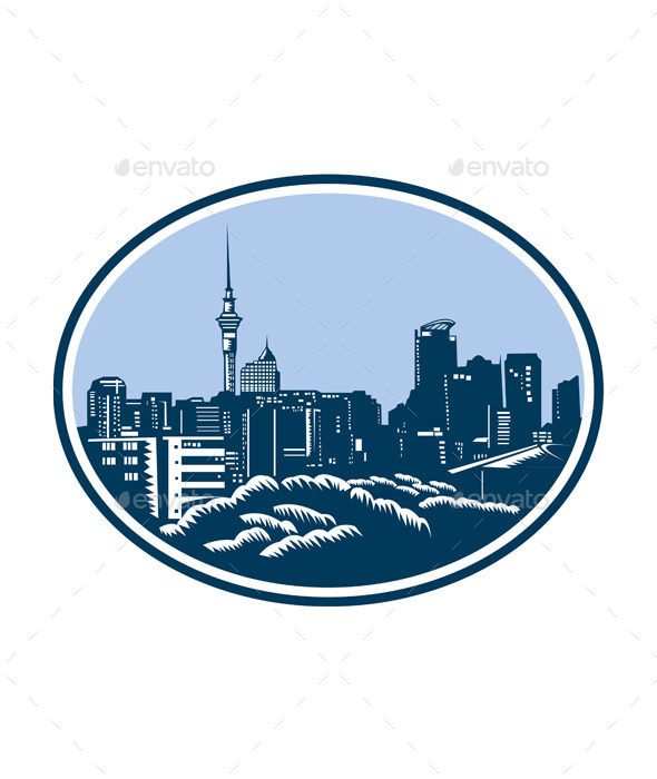 Auckland City Skyline Woodcut Retro - Buildings Objects