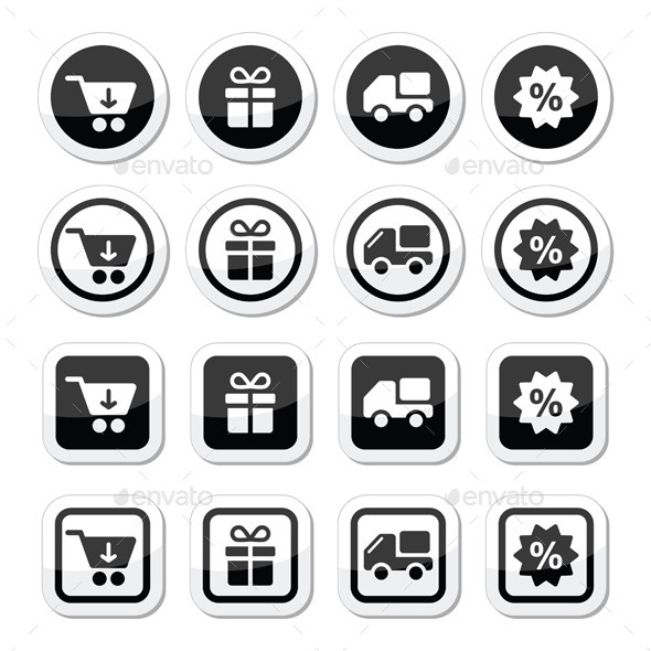 Shopping on Internet Black Icons Set with Shadow - Commercial / Shopping Conceptual