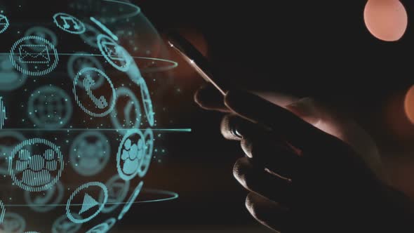 Young Woman Hands Using Smartphone With Digital Hologram Projection alt