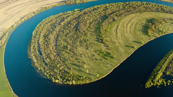 Green Landscape Aerial View Green Forest Woods And Curved River Landscape In Sunny Spring Day alt