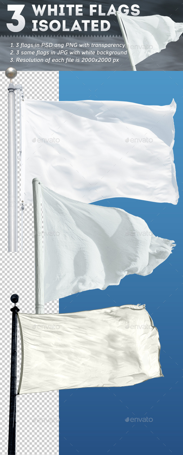 3 White Flags Isolated - Miscellaneous Isolated Objects