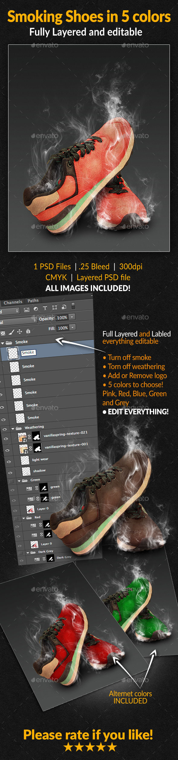 Smoking Shoes in Pink, Grey, Red, Blue & Green - Apparel Product Mock-Ups
