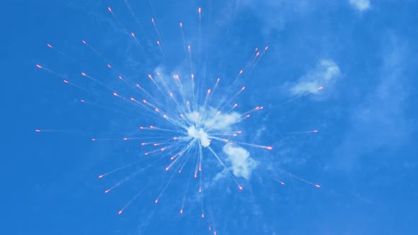 Festive Fireworks In The Blue Sky. Fireworks Background In The Sky