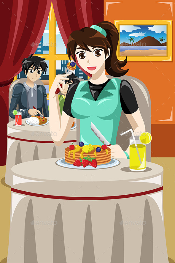 Woman Eating Fruit Pancakes - People Characters
