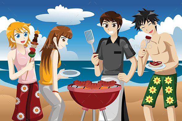 Young People Having a BBQ - People Characters