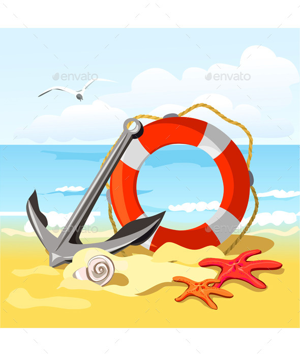 Beach Anchor Lifebuoy and Starfish - Vectors
