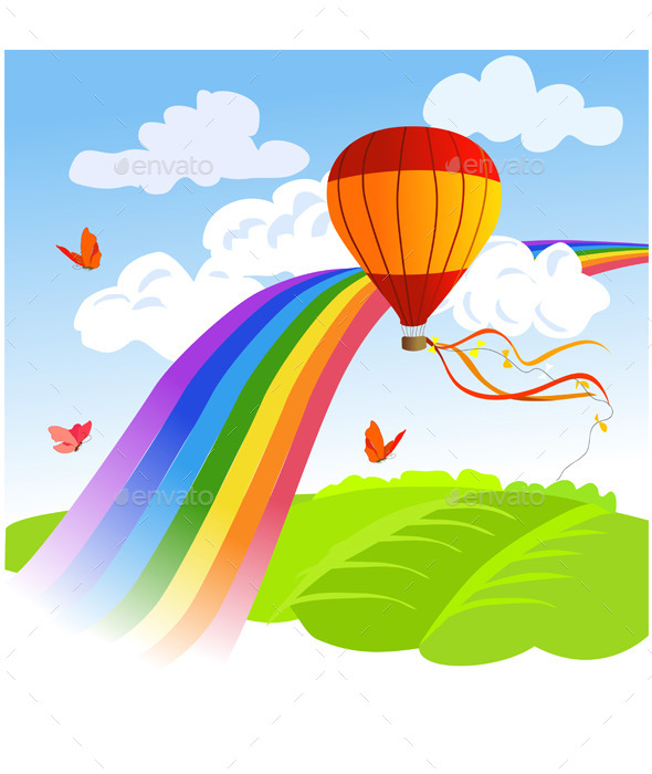 Rainbow Landscape and Hot Air Balloon - Landscapes Nature