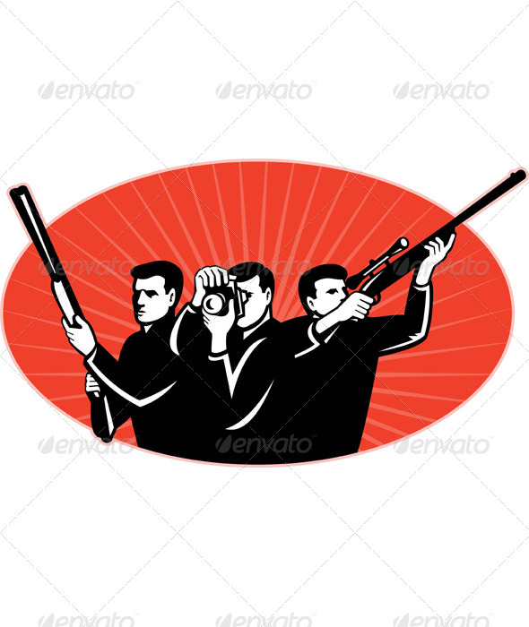 Hunter With Rifle and Photographer With Camera - People Characters